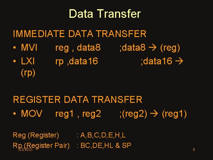 Data Transfer IMMEDIATE DATA TRANSFER • MVI reg , data 8 ; data 8