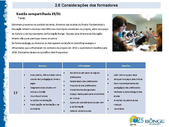 2. 6 Considerações dos formadores Gestão compartilhada 29/01 Tarde Estiveram presentes no período da