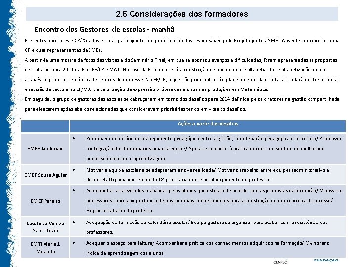 2. 6 Considerações dos formadores Encontro dos Gestores de escolas - manhã Presentes, diretores