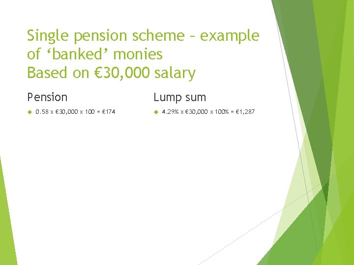 Single pension scheme – example of ‘banked’ monies Based on € 30, 000 salary