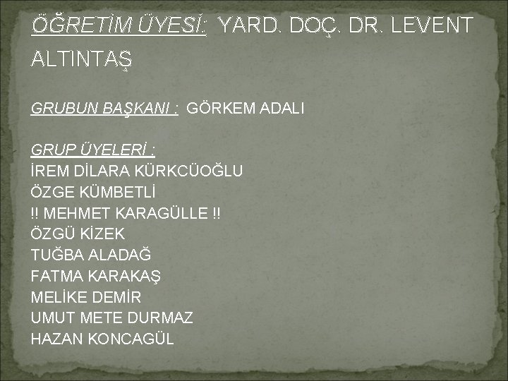 ÖĞRETİM ÜYESİ: YARD. DOÇ. DR. LEVENT ALTINTAŞ GRUBUN BAŞKANI : GÖRKEM ADALI GRUP ÜYELERİ