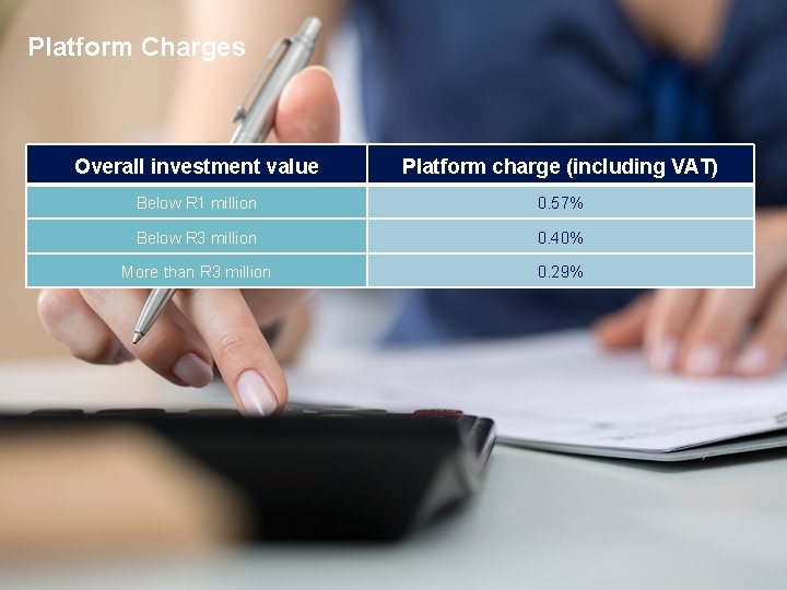 Platform Charges Overall investment value Platform charge (including VAT) Below R 1 million 0.