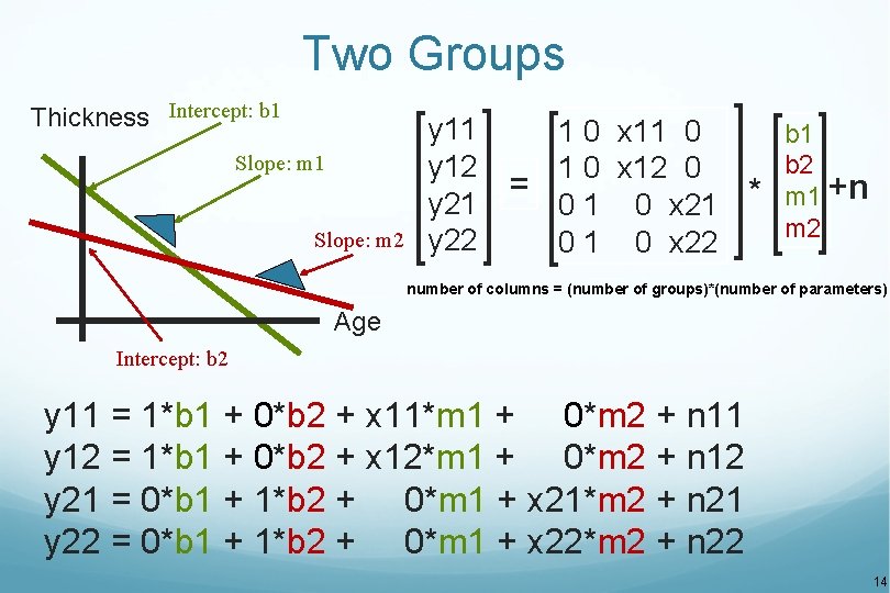 Two Groups Thickness Intercept: b 1 Slope: m 2 y 11 y 12 y