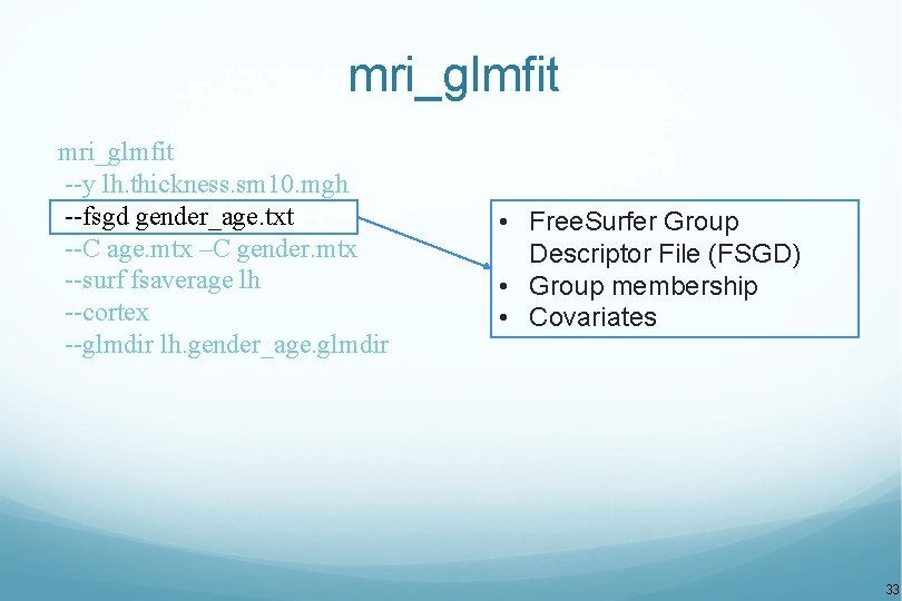 mri_glmfit --y lh. thickness. sm 10. mgh --fsgd gender_age. txt --C age. mtx –C