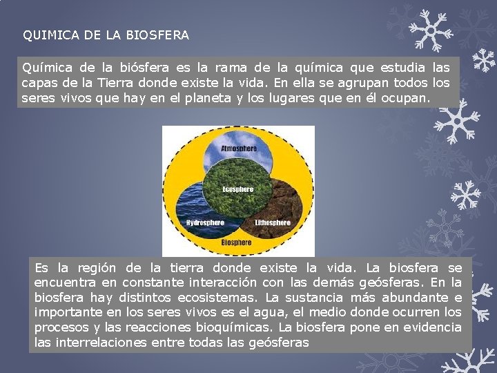 QUIMICA DE LA BIOSFERA Química de la biósfera es la rama de la química