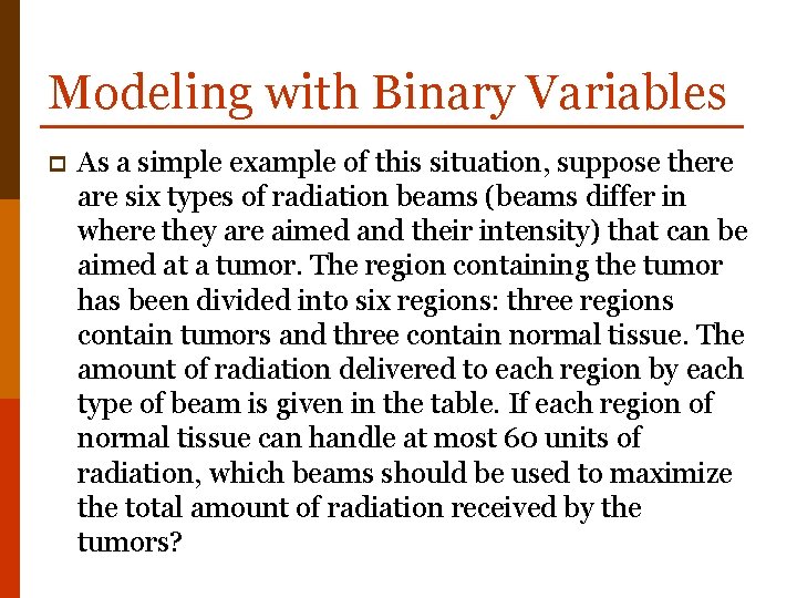 Modeling with Binary Variables p As a simple example of this situation, suppose there