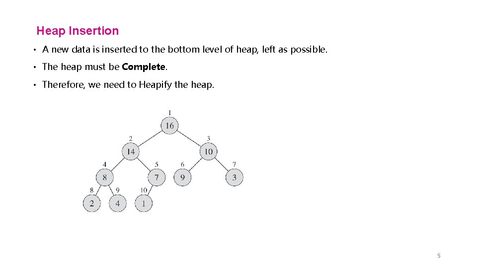 Heap Insertion • A new data is inserted to the bottom level of heap,