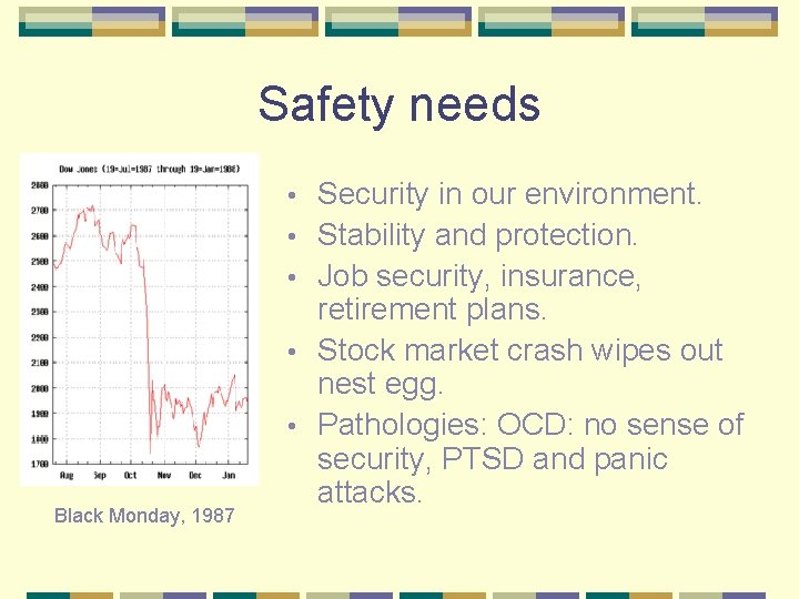 Safety needs • • • Black Monday, 1987 Security in our environment. Stability and