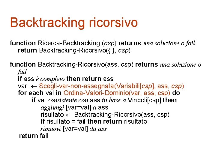 Backtracking ricorsivo function Ricerca-Backtracking (csp) returns una soluzione o fail return Backtracking-Ricorsivo({ }, csp)