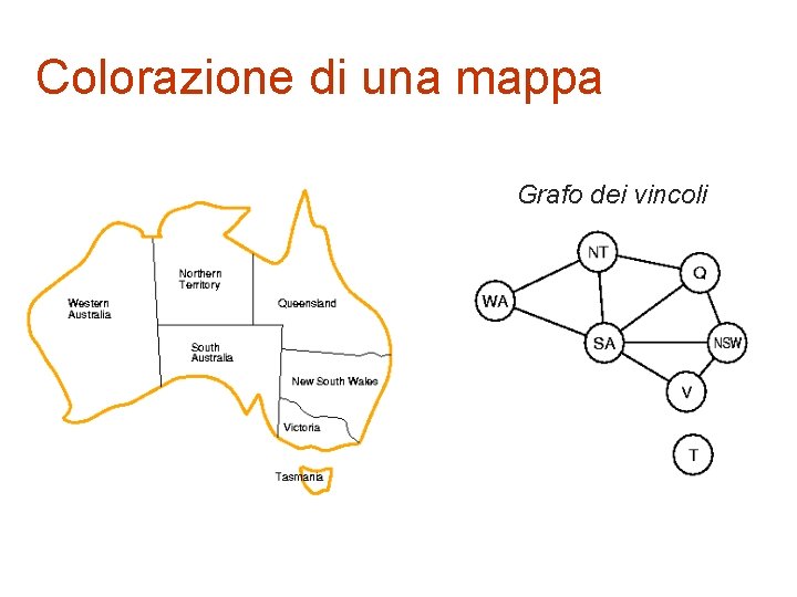 Colorazione di una mappa Grafo Variabili: WA, dei NT, vincoli SA, Q, NSW, V,