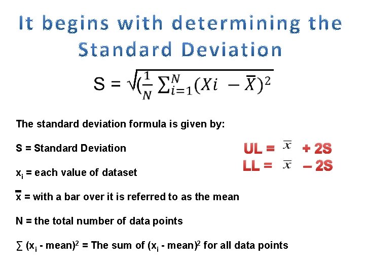  The standard deviation formula is given by: S = Standard Deviation xi =