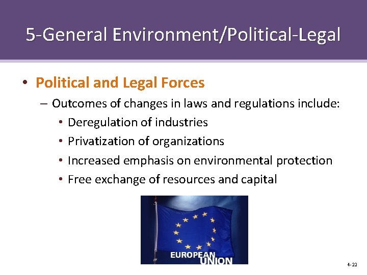 5 -General Environment/Political-Legal • Political and Legal Forces – Outcomes of changes in laws