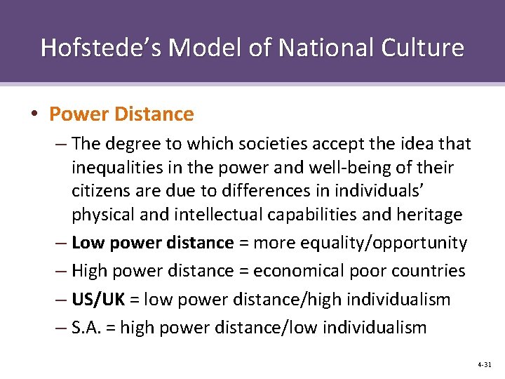 Hofstede’s Model of National Culture • Power Distance – The degree to which societies