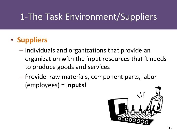 1 -The Task Environment/Suppliers • Suppliers – Individuals and organizations that provide an organization