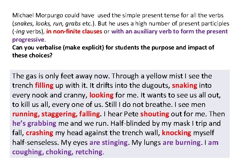 Michael Morpurgo could have used the simple present tense for all the verbs (snakes,