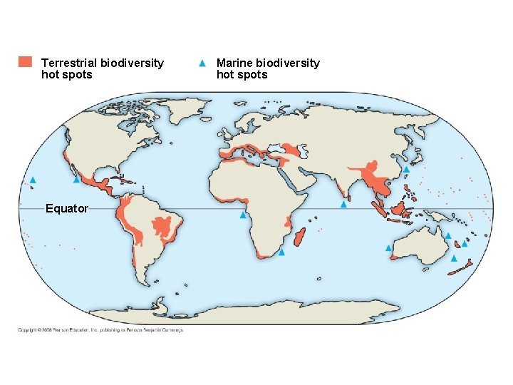 Terrestrial biodiversity hot spots Equator Marine biodiversity hot spots 