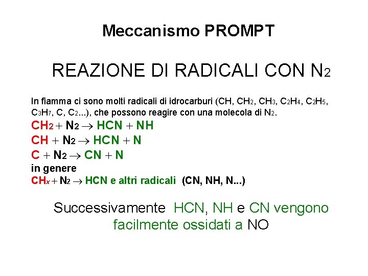 Meccanismo PROMPT REAZIONE DI RADICALI CON N 2 In fiamma ci sono molti radicali