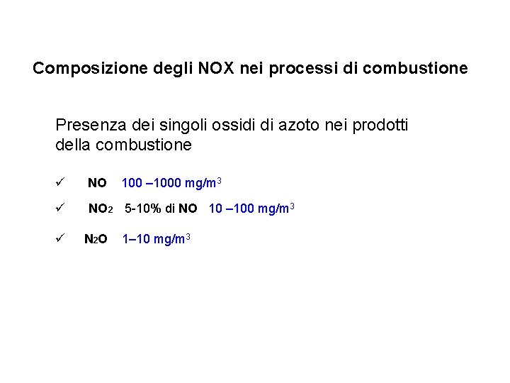 Composizione degli NOX nei processi di combustione Presenza dei singoli ossidi di azoto nei