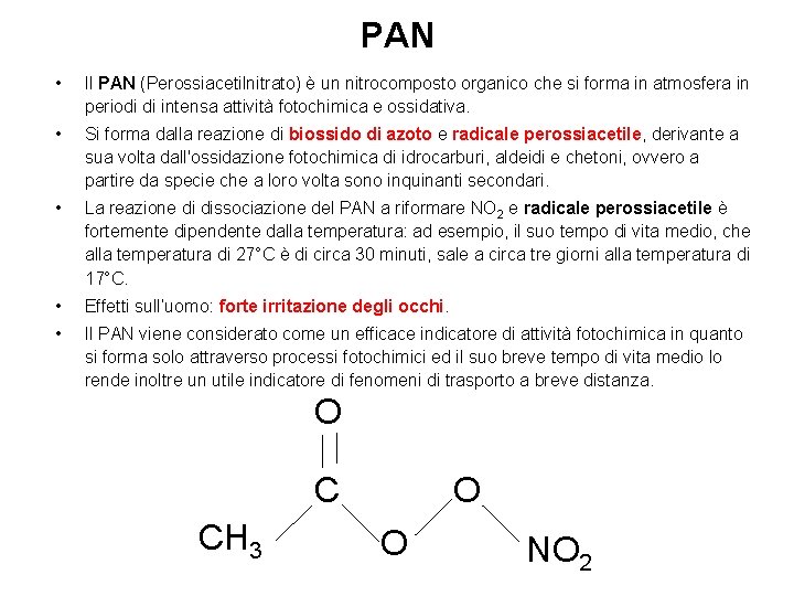 PAN • Il PAN (Perossiacetilnitrato) è un nitrocomposto organico che si forma in atmosfera