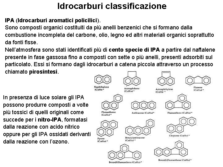 Idrocarburi classificazione IPA (Idrocarburi aromatici polici). Sono composti organici costituiti da più anelli benzenici