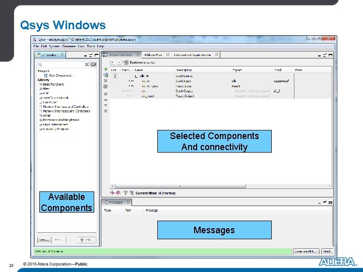 Qsys Windows Selected Components And connectivity Available Components Messages 21 Qsys Windows Selected Components And connectivity Available Components Messages 21