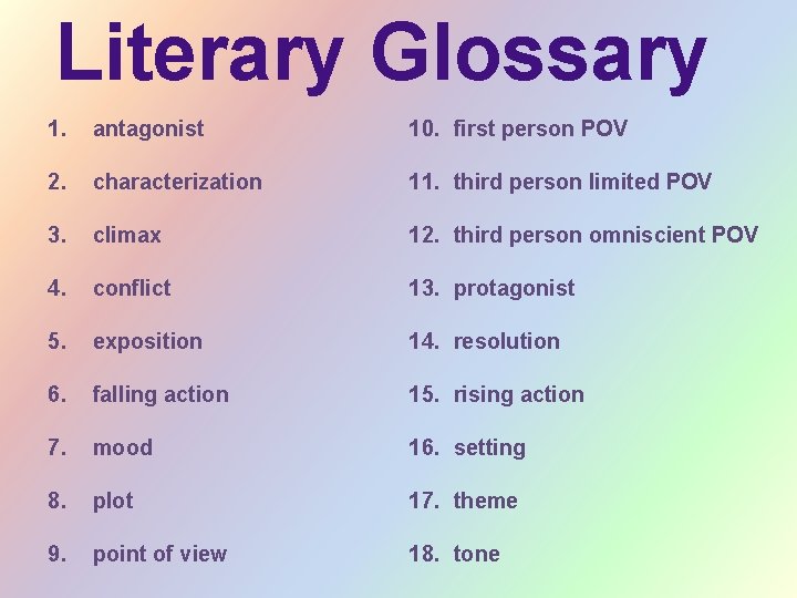 Literary Glossary 1. antagonist 10. first person POV 2. characterization 11. third person limited