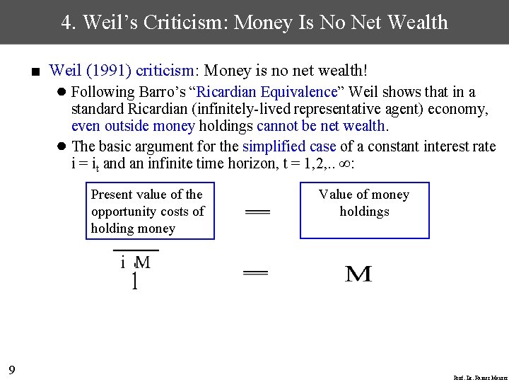 4. Weil’s Criticism: Money Is No Net Wealth ■ Weil (1991) criticism: Money is