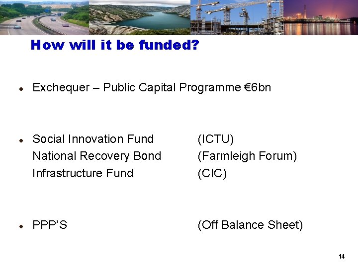 How will it be funded? l l l Exchequer – Public Capital Programme €