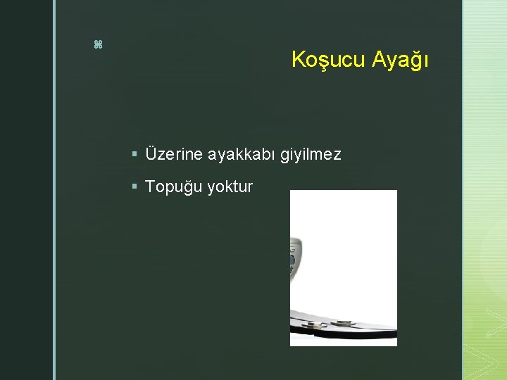 z Koşucu Ayağı § Üzerine ayakkabı giyilmez § Topuğu yoktur 