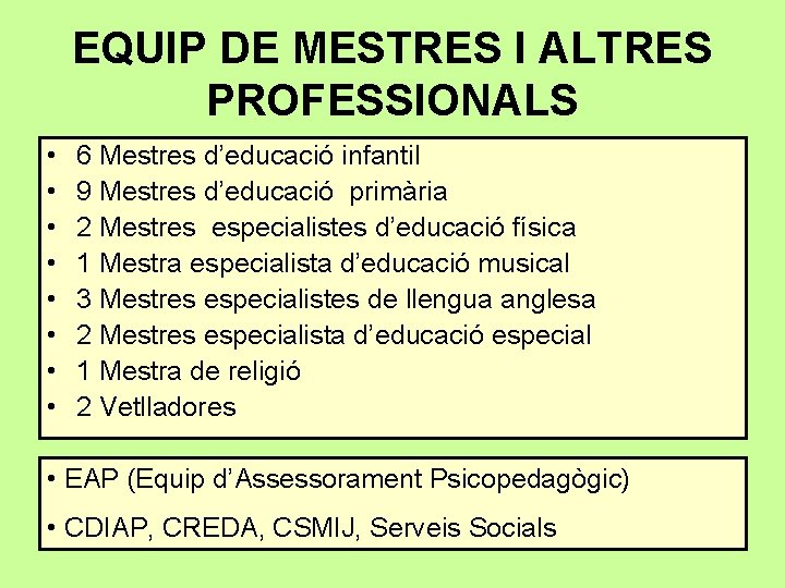 EQUIP DE MESTRES I ALTRES PROFESSIONALS • • 6 Mestres d’educació infantil 9 Mestres