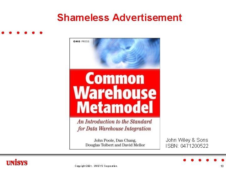 Shameless Advertisement John Wiley & Sons ISBN: 0471200522 Copyright 2001. UNISYS Corporation. 18 