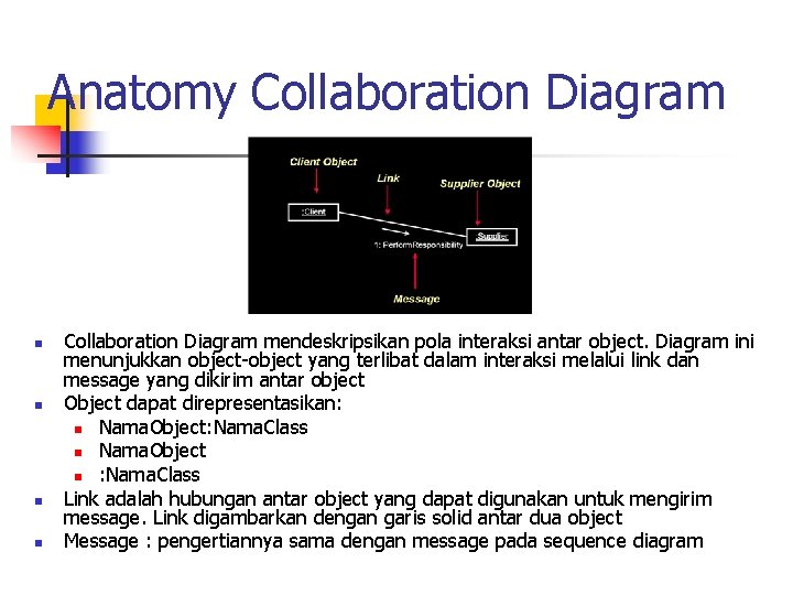 Anatomy Collaboration Diagram n n Collaboration Diagram mendeskripsikan pola interaksi antar object. Diagram ini