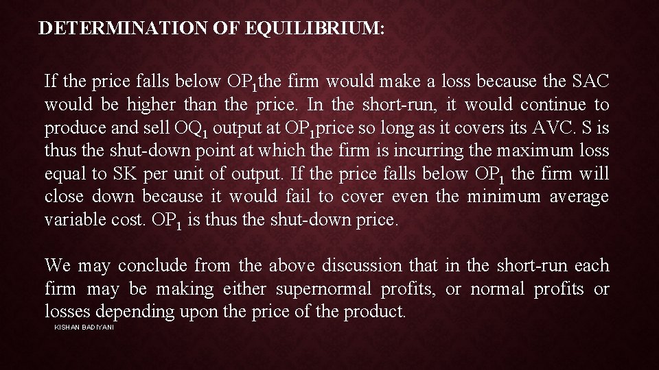 DETERMINATION OF EQUILIBRIUM: If the price falls below OP 1 the firm would make