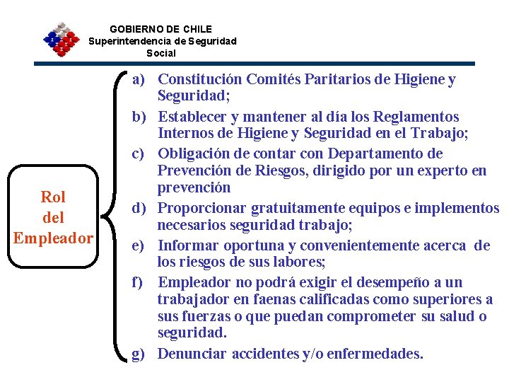 GOBIERNO DE CHILE Superintendencia de Seguridad Social Rol del Empleador a) Constitución Comités Paritarios