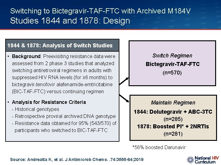 Switching to Bictegravir-TAF-FTC with Archived M 184 V Studies 1844 and 1878: Design 1844