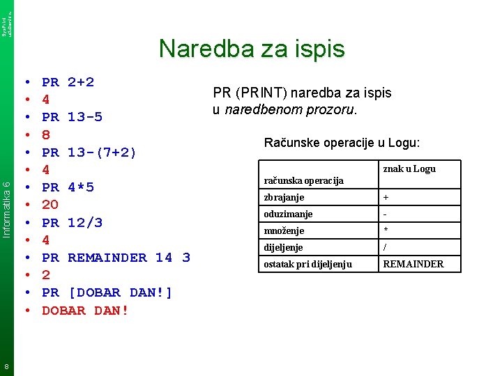 Sys. Print udzbenik. hr Informatika 6 8 Naredba za ispis • • • •