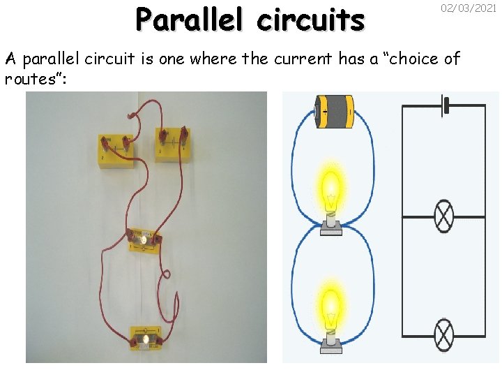 Parallel circuits 02/03/2021 A parallel circuit is one where the current has a “choice