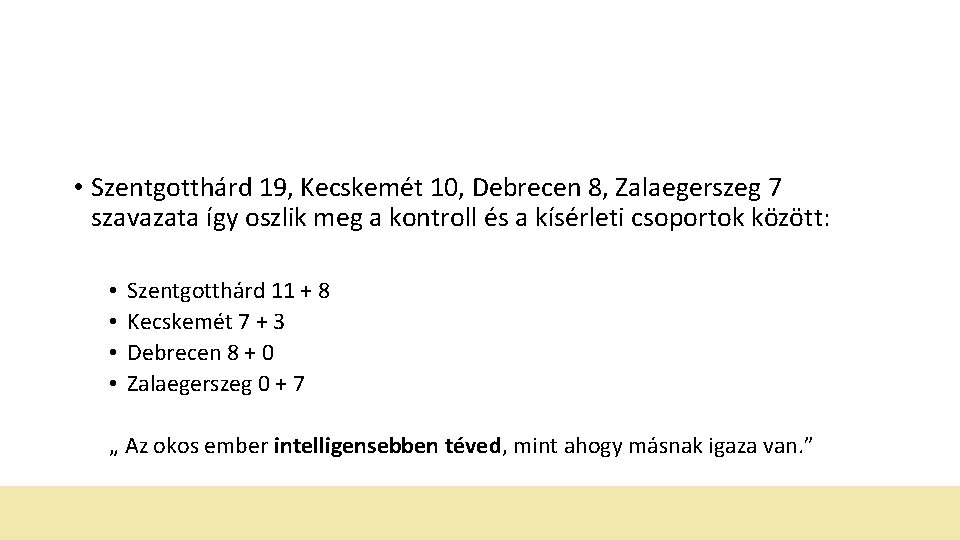  • Szentgotthárd 19, Kecskemét 10, Debrecen 8, Zalaegerszeg 7 szavazata így oszlik meg