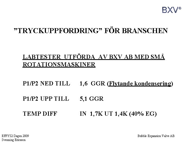 ”TRYCKUPPFORDRING” FÖR BRANSCHEN LABTESTER UTFÖRDA AV BXV AB MED SMÅ ROTATIONSMASKINER P 1/P 2