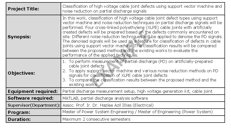 Project Title: Classification of high voltage cable joint defects using support vector machine and