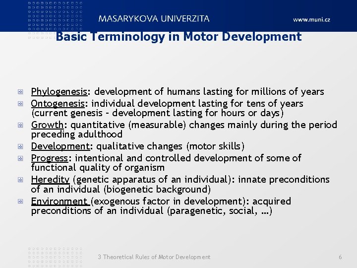 Basic Terminology in Motor Development Phylogenesis: development of humans lasting for millions of years