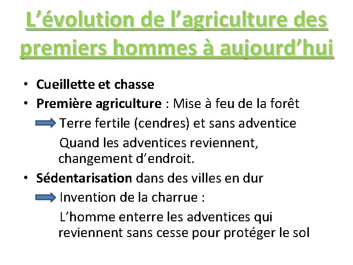 L’évolution de l’agriculture des premiers hommes à aujourd’hui • Cueillette et chasse • Première