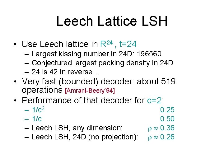 Leech Lattice LSH • Use Leech lattice in R 24 , t=24 – Largest