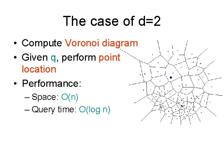 The case of d=2 • Compute Voronoi diagram • Given q, perform point location