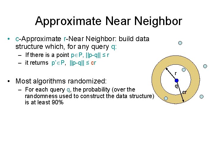 Approximate Near Neighbor • c-Approximate r-Near Neighbor: build data structure which, for any query
