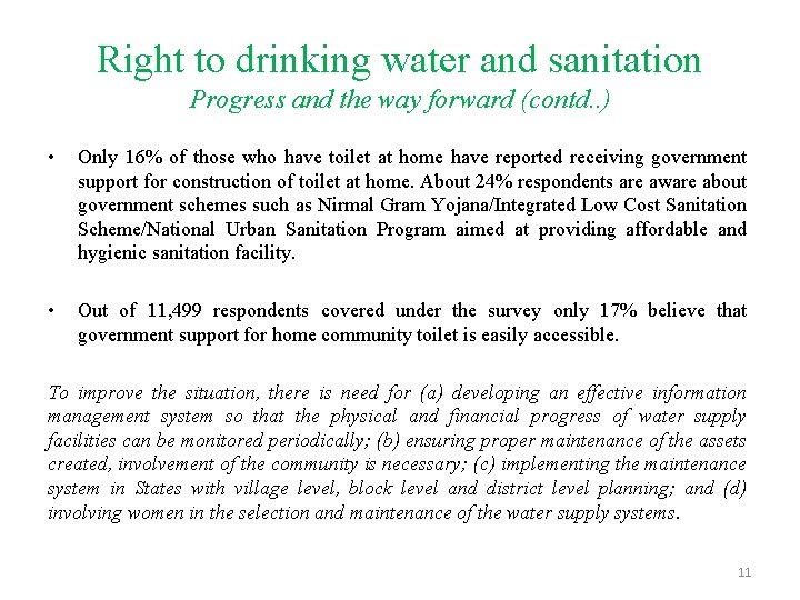 Right to drinking water and sanitation Progress and the way forward (contd. . )