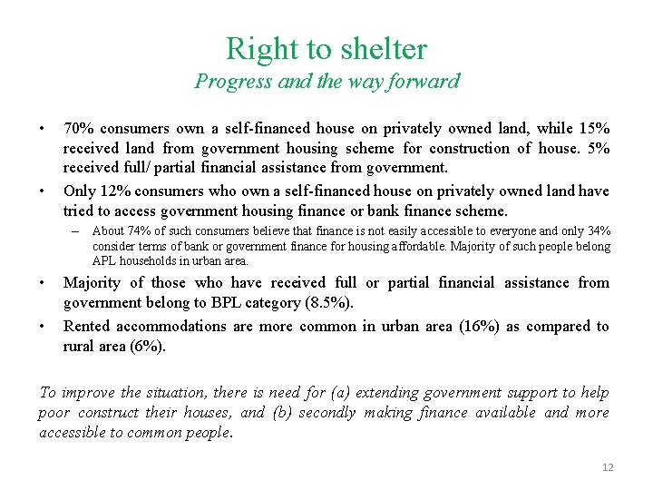 Right to shelter Progress and the way forward • • 70% consumers own a