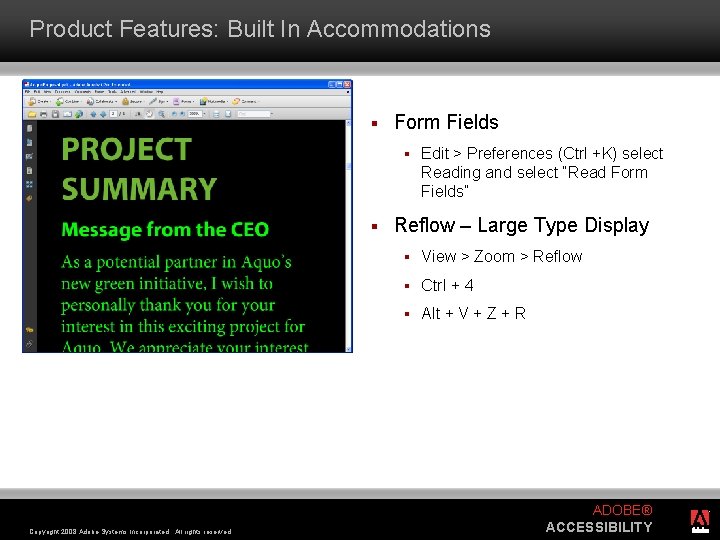 Product Features: Built In Accommodations § Form Fields § § Copyright 2008 Adobe Systems