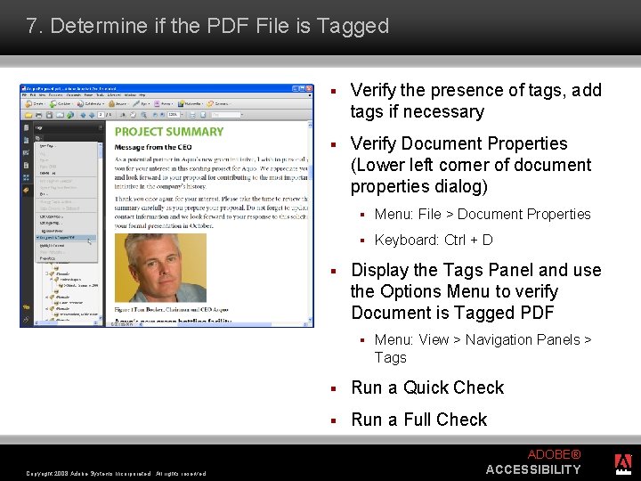 7. Determine if the PDF File is Tagged § Verify the presence of tags,