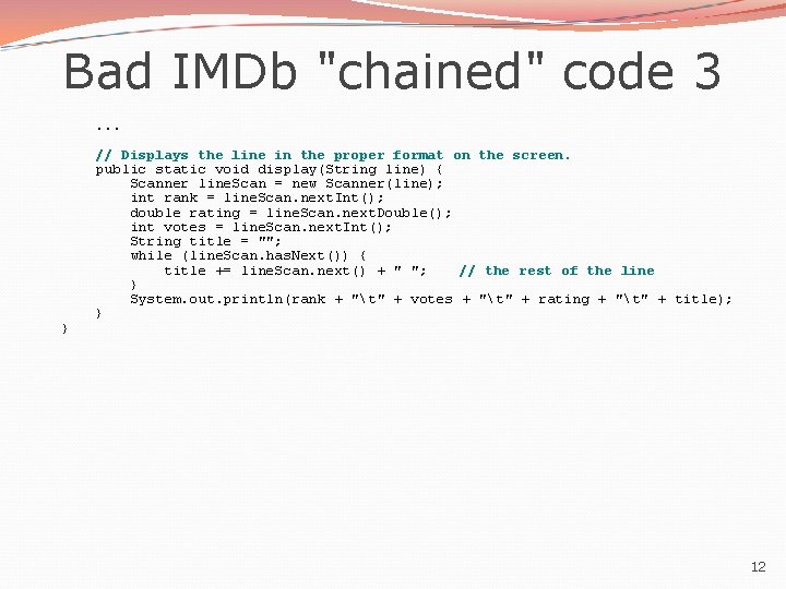 Bad IMDb "chained" code 3. . . } // Displays the line in the Bad IMDb "chained" code 3. . . } // Displays the line in the
